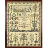 Needlework textile executed in 1807 by Ann Davies, with Adam and Eve and the Tree of Life at the