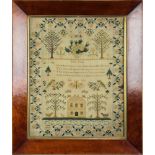 Needlework sampler, having a rose decorated border surrounding the central panel decorated with