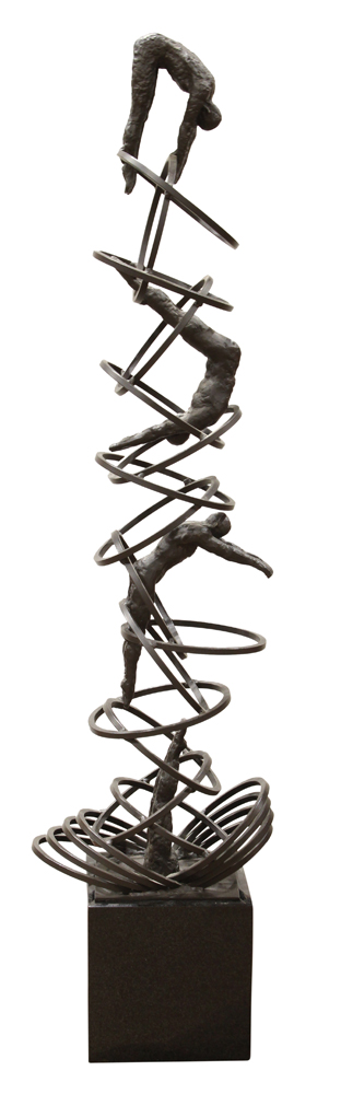 Jumping Through Hoops, bronze sculpture, unsigned, 20th century, overall (with marble base): 48.5"