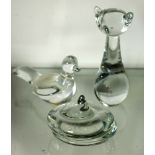 (lot of 3) Crystal and figural groups, consisting of a Baccarat bird, a stylized cat and abstract