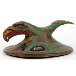 Haida carved wood raven-form hat, early 20th century, well-executed carving with green, blue,