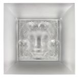 Lalique France Masque de Femme plate, having a frosted border surrounding the mask central panel,