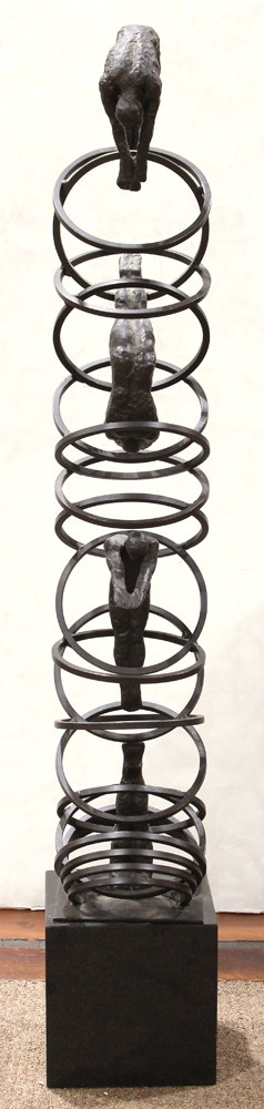 Jumping Through Hoops, bronze sculpture, unsigned, 20th century, overall (with marble base): 48.5" - Image 2 of 4