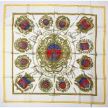 Hermes silk scarf, "Les Armes de Paris" By Hugo Grygkar, executed in yellow, red, white, and blue,