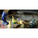 (lot of 5) Group of decorative art, including a silver overlay glass vase, a figure of a peacock, an
