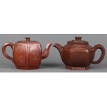 (lot of 2) Chinese zisha teapots, each of hexagonal section: the first, with side panels featuring