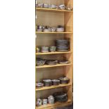 Six shelves of associated Chinese rose medallion porcelain, including dinner plates, bowls,