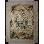 Chinese silk embroidery, made into a quilt, with white silk ground satin stitched with various