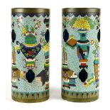 (lot of 2) Chinese cloisonne enameled hat stands, of cylindrical form with lobed apertures,