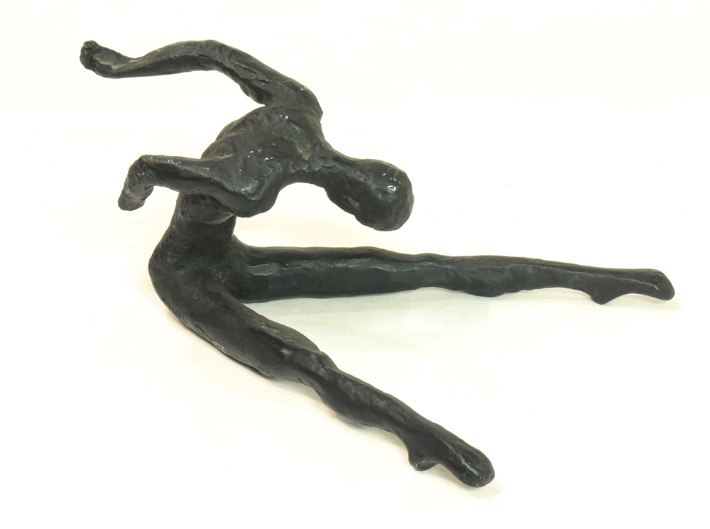 Stretching Figure, bronze sculpture, unsigned, 20th century, overall (6.5"h x 10"w x 13.5"d;