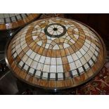 Arts and Crafts style leaded glass pendant lamp, having a dome form with carmel, cream and green