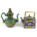 (lot of 2) Chinese cloisonne enameled pouring vessels, one of square section with floral reserves;