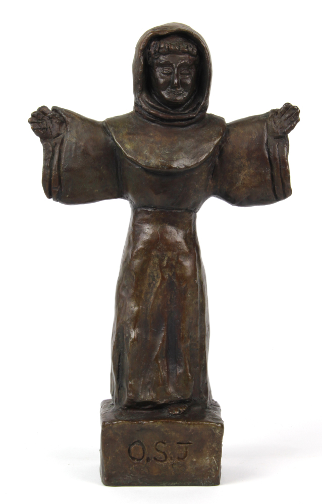 Patinated bronze figural sculpture, depicting a monk with arms outstretched, signed and numbered "BP