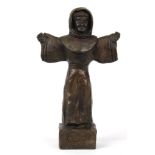 Patinated bronze figural sculpture, depicting a monk with arms outstretched, signed and numbered "BP