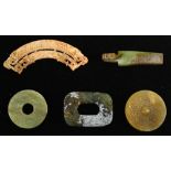 (lot of 5) Chinese hardstone archaistic plaques, consisting of a belt hook; a bi-disc; roundel