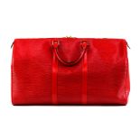 Louis Vuitton Epi Keepall travel bag, 50cm, executed in red leather, 13"h x 20.5"w x 9"d.