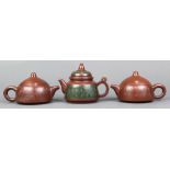 (lot of 3) Chinese zisha teapots, all marked 'Fan Ruizhen', the pair of dome form incised with