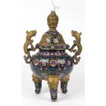 Chinese cloisonne tripod censer, with a domed lid with openwork dragon finial, the censer flanked by