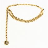 Chanel medallion chain belt, having a golden brass finish over stainless, extended 89 cm long