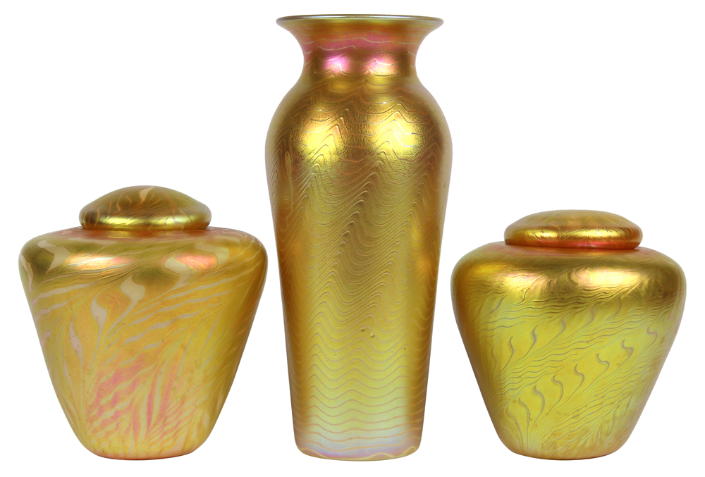 (Lot of 3) Lundberg Studios iridescent art glass group, each having an iridescent gold body with