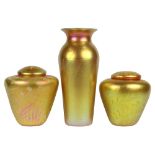 (Lot of 3) Lundberg Studios iridescent art glass group, each having an iridescent gold body with