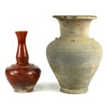 (lot of 2) Chinese gray pottery jar, with a medium sized trumpet neck above an angular shoulder