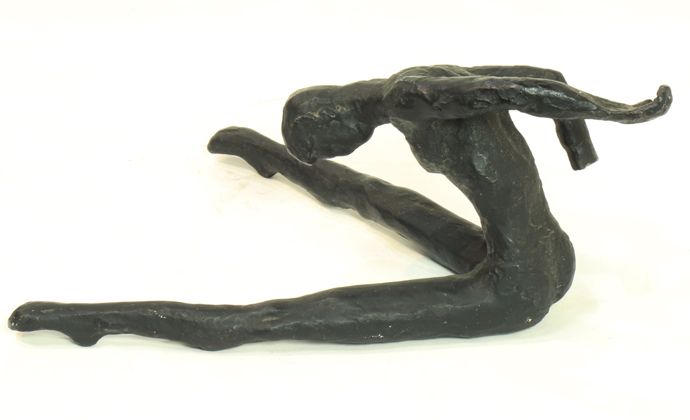 Stretching Figure, bronze sculpture, unsigned, 20th century, overall (6.5"h x 10"w x 13.5"d; - Image 2 of 2