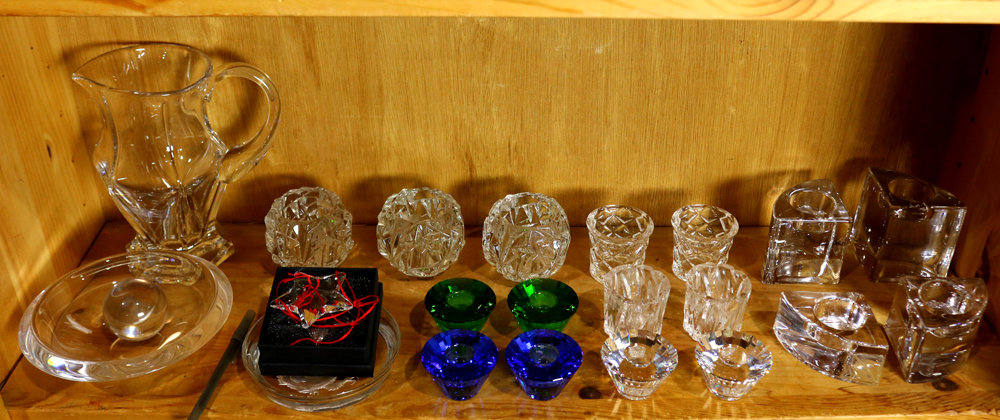 (lot of 21) One shelf of glass including Orrefors votive holders, a Gorham pitcher, etc.