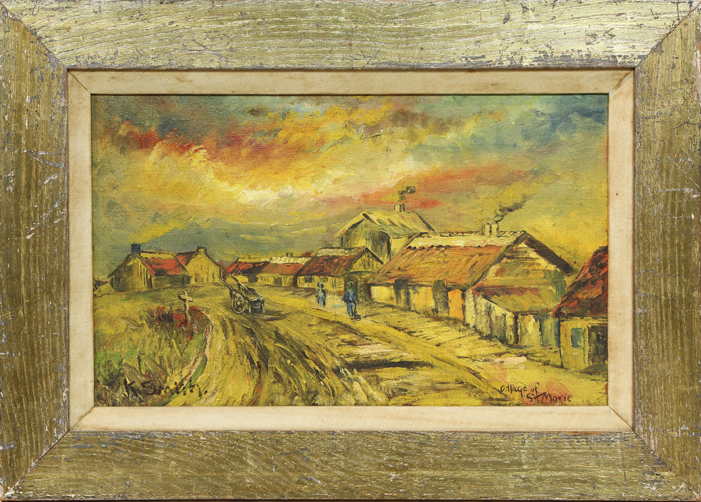 "Village of Saint Marie," signed "K. Smith" lower left, titled lower right, 20th century, overall (