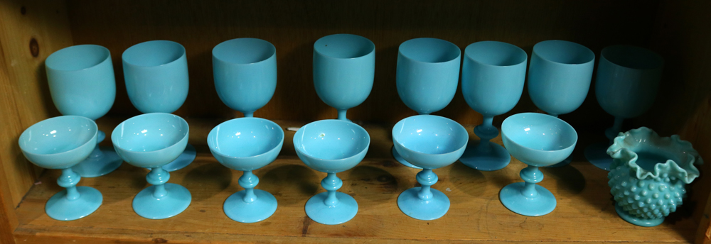 (lot of 15) One shelf of light blue milk glass consisting of (8) water goblets, and (6) sherbets,