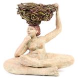 Connie Taxiera (American, 20th century), Seated Figure with Nest on Head, terra cotta sculpture,