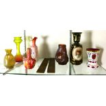 (lot of 9) Art glass group, consisting of a Continental portrait vase, having a shouldered form with