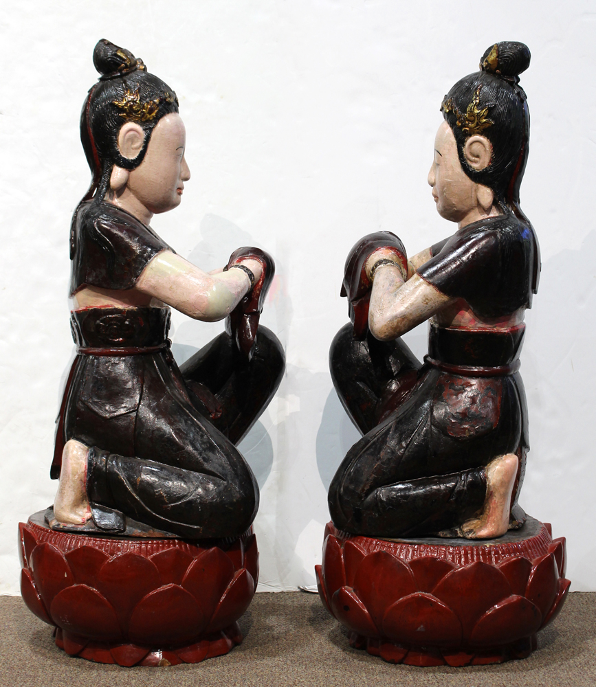 Pair of Vietnamese polychrome lacquered wooden apsaras, in a genuflection position with cloth draped - Image 2 of 6