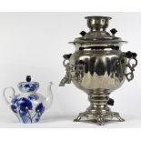 (Lot of 2) Russian pewter samovar, 1990, surmounted with a porcelain teapot, the urn form vessel