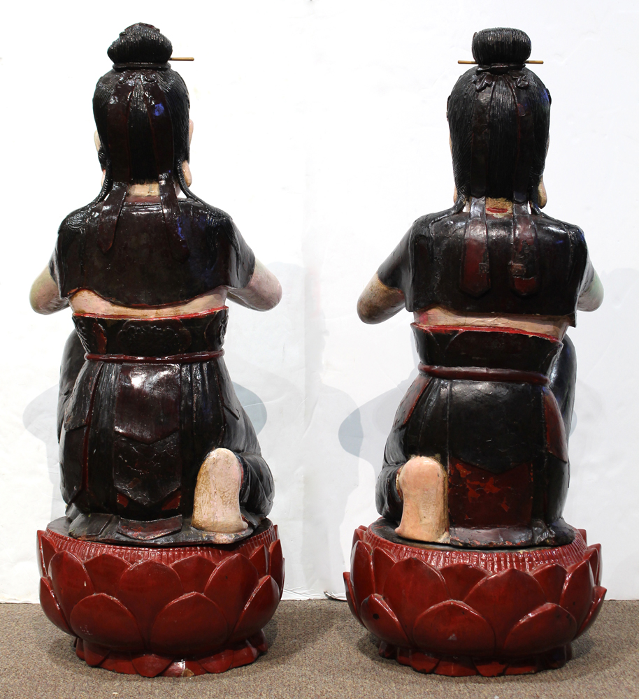 Pair of Vietnamese polychrome lacquered wooden apsaras, in a genuflection position with cloth draped - Image 4 of 6