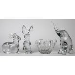(lot of 4) Daum France crystal figurines, consisting of an elephant 11.5"h, seated ram 7.5"h, rabbit