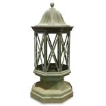 Monumental continental verdigris patinated outdoor lantern, having a finial capped dome top above