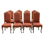 (lot of 8) Louis XV style side chairs, each having a shaped crest, above the custom maroon brocade