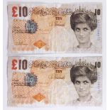 (lot of 2) Banksy (British, b. 1974), "Di-Faced Tenner," 2005, offset lithographs in colors, overall