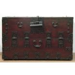 Korean bandaji storage chest, 19th century, with iron fittings, pulls and decoration, handle on