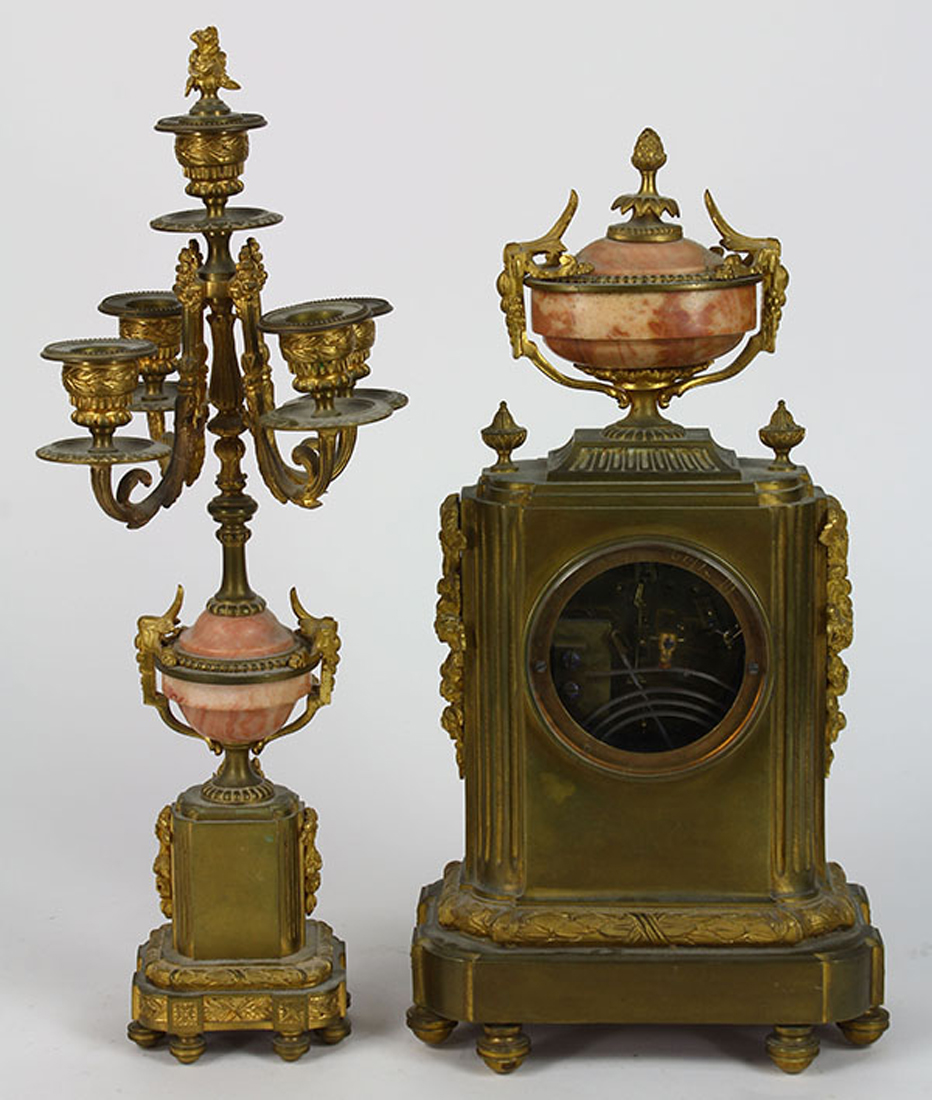 (lot of 2) French E. Godeau Neo-Classical style bronze and marble mantle clock fronted by an - Image 2 of 2