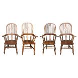 (Lot of 4) Windsor stick back armchairs, 19th Century, each executed in ash or elm wood, the arm
