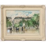 (lot of 2) Guy de Neyrac (French, 1900-1950), Parisian Street Scenes with Figures, watercolors and