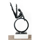 Rolling on Hoops, bronze sculpture, unsigned, 20th century, overall (with marble base): 23.5"h x