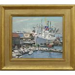 Shigehiko Ishikawa (Japanese, 1909-1964), Harbor Scene with Cargo Ships, oil on canvas, signed lower