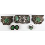 Jadeite, enamel and silver jewelry suite Including 1) jadeite cabochon and silver hinged, floral
