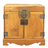 Chinese square wood trunk, the hinged top lid reveals a shallow compartment, fronted by hinged doors