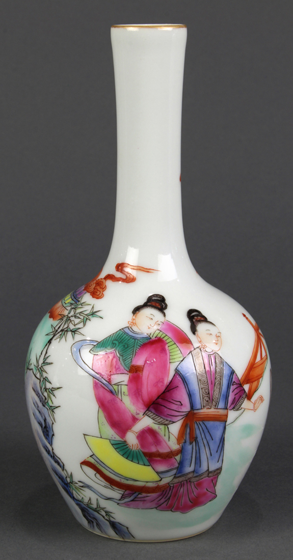 Chinese famille rose small porcelain vase, with a stickneck and globular body featuring a monk and