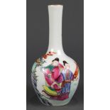 Chinese famille rose small porcelain vase, with a stickneck and globular body featuring a monk and