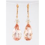 Pair of morganite, diamond and 14k rose gold drop earrings Featuring (2) pear-cut morganite,